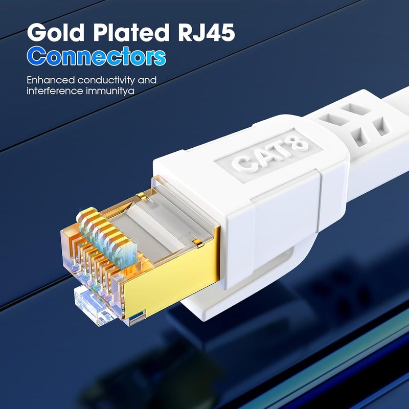 Papkolwe كابل إيثرنت Cat 8 بطول 150 قدم، كابل LAN عالي السرعة Cat8، 40Gbps 2000MHz RJ45 كابل إنترنت مسطح، مقاوم للعوامل الجوية S/FTP ومقاوم للأشعة فوق البنفسجية للألعاب/الموجه/المودم، داخلي وخارجي - Image 4